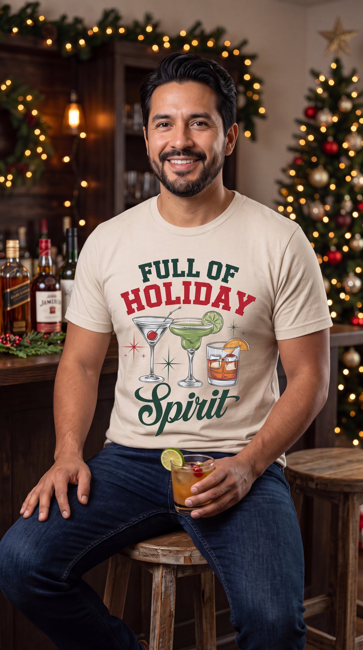 Man wearing sand Full of Holiday Spirit Christmas shirt at a festive holiday gathering.