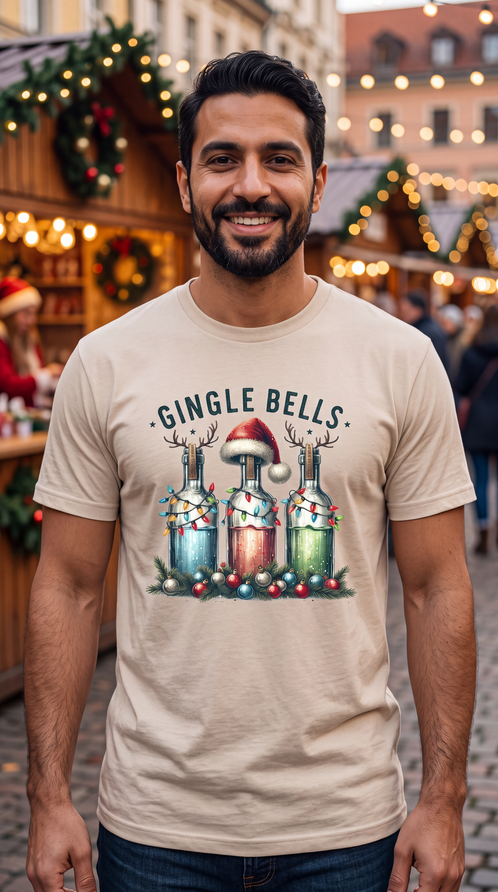 Man wearing sand Gingle Bells Christmas drinking graphic tee
