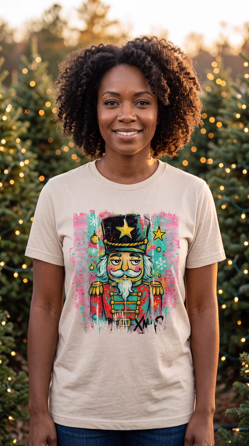 Woman wearing sand colorful graffiti nutcracker Christmas graphic tee