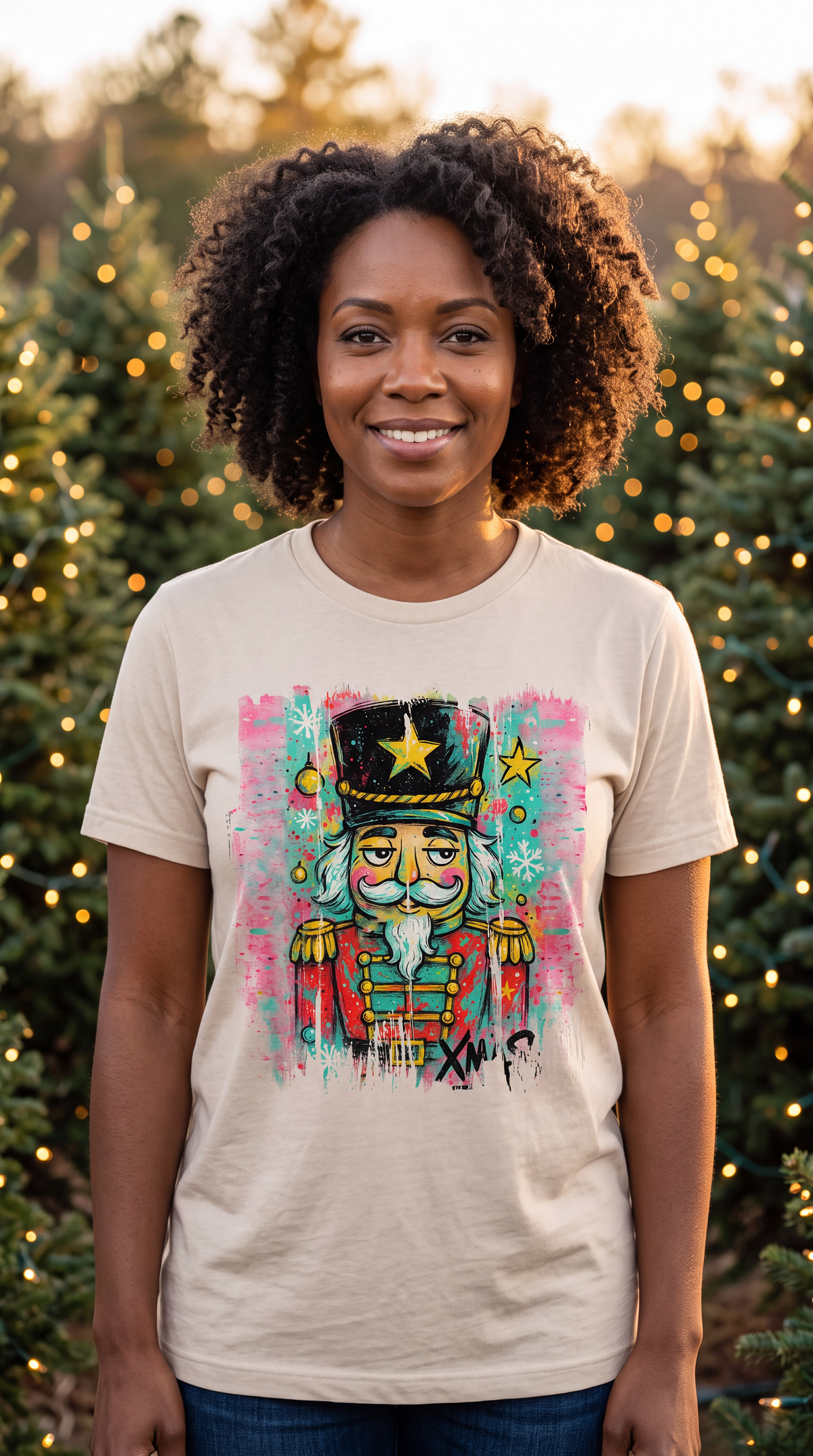 Woman wearing sand colorful graffiti nutcracker Christmas graphic tee