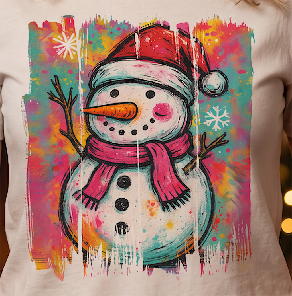 Close-up of colorful graffiti snowman Christmas design on sand shirt.