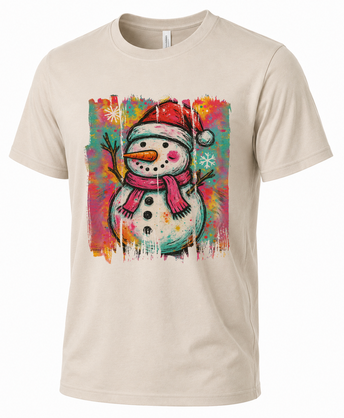 Sand Graffiti Snowman Christmas graphic T-shirt product mockup.