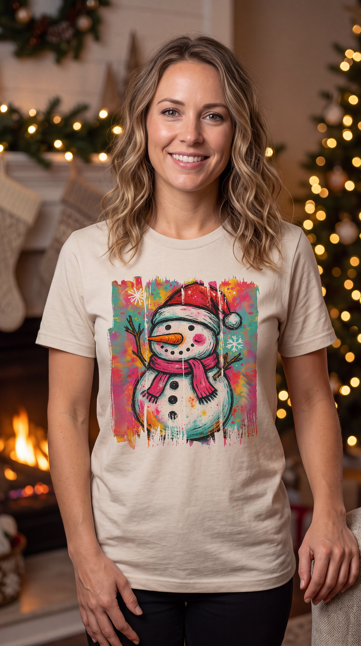 Woman wearing sand Graffiti Snowman Christmas graphic T-shirt.