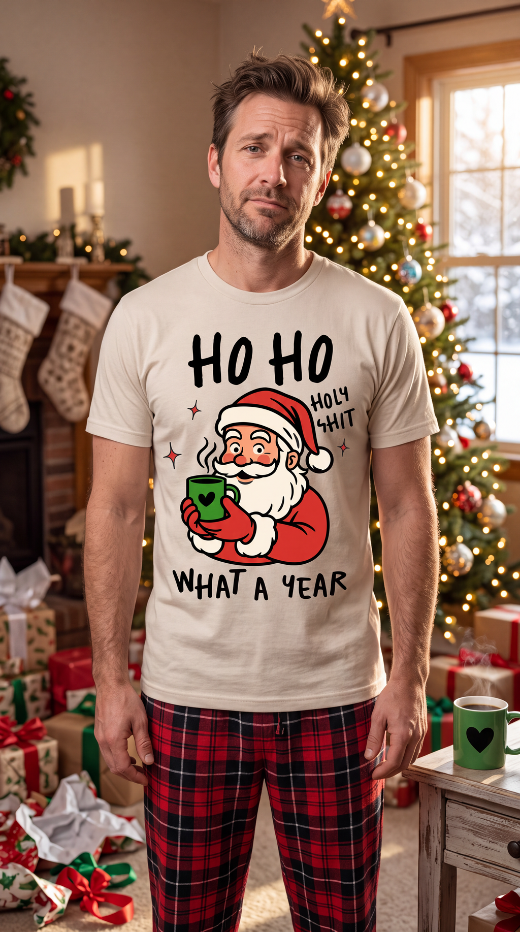 Woman wearing sand Ho Ho Holy Shit Christmas graphic shirt in a festive holiday setting.
