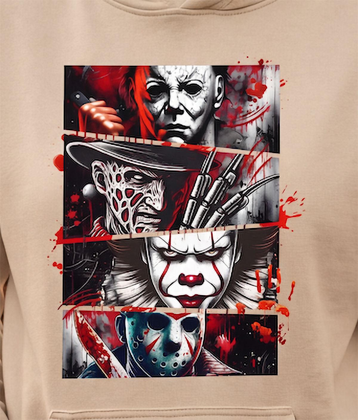 Close-up of sand horror hoodie with classic horror movie character collage