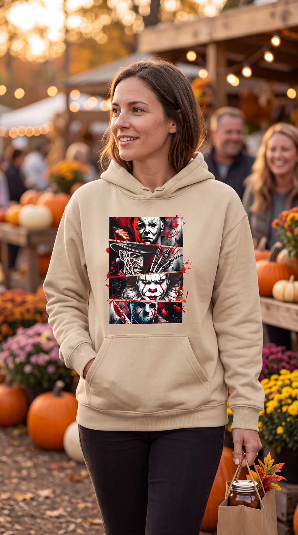 Woman wearing sand horror movie icons hoodie at Halloween pumpkin display
