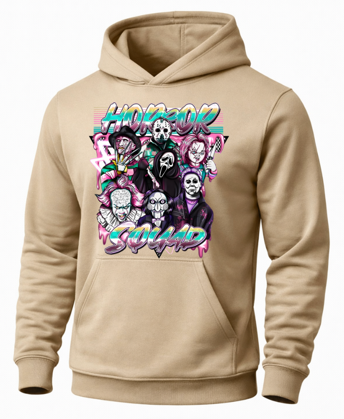 Sand Horror Squad hoodie with colorful retro horror character graphic