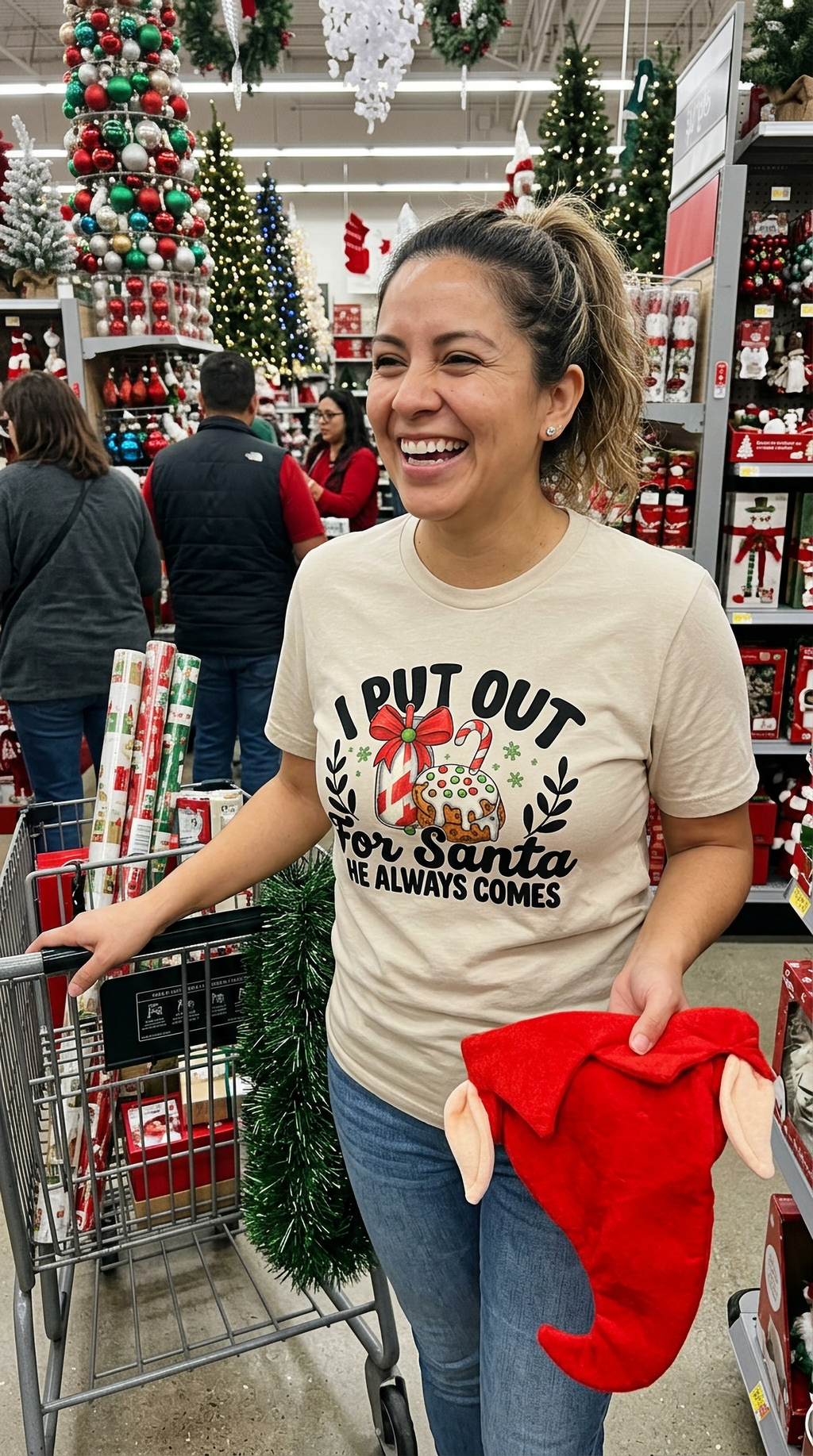 Woman wearing sand I Put Out for Santa funny adult Christmas shirt at an outdoor holiday market