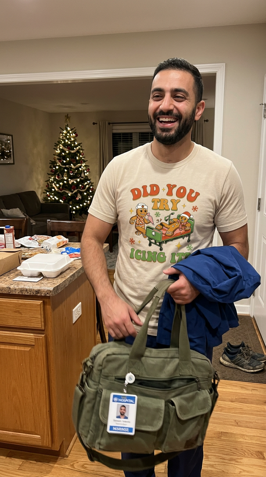 Man wearing a sand-colored funny Christmas gingerbread t-shirt with holiday medical humor graphic.