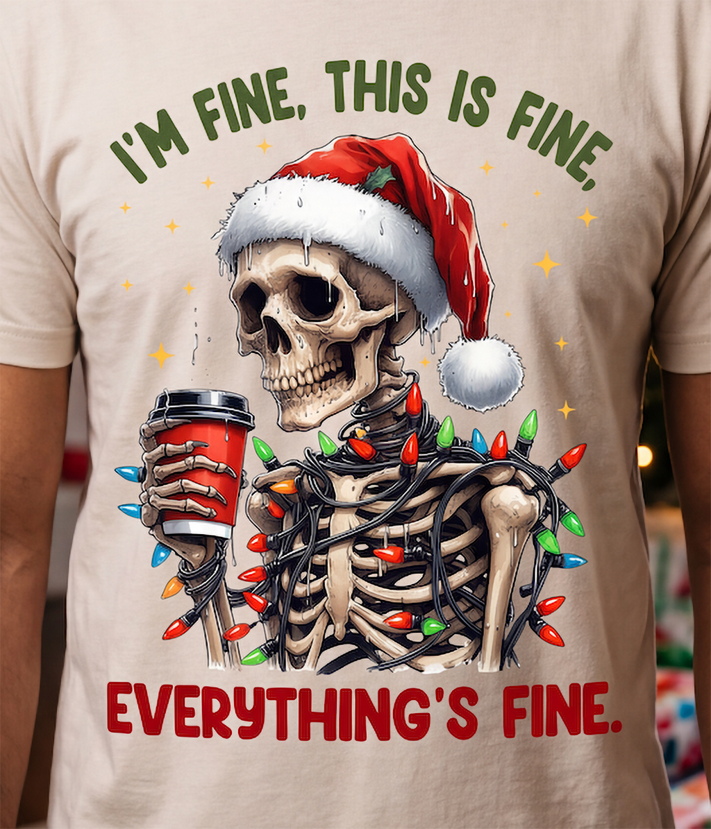 Close-up of I’m Fine Everything’s Fine Christmas skeleton graphic printed on a sand T-shirt.