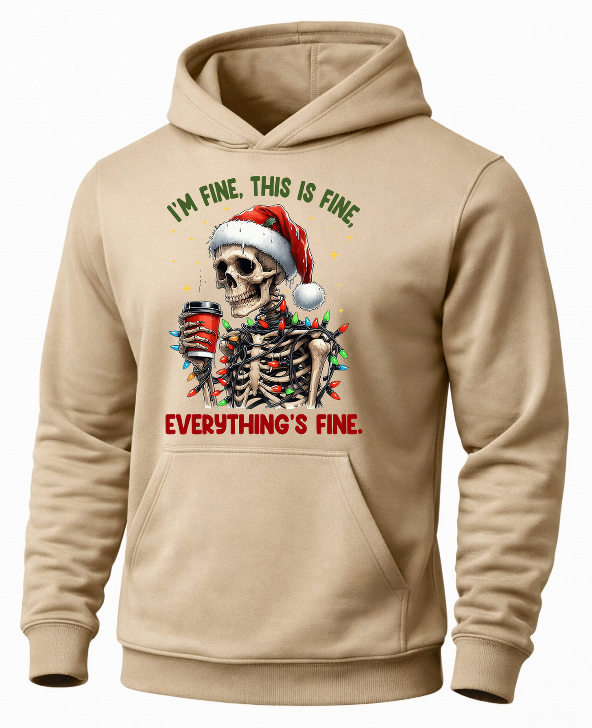 Sand funny Christmas skeleton hoodie with Santa skull and holiday lights graphic