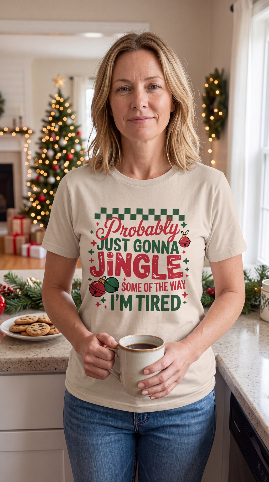 Woman wearing a sand Probably Just Gonna Jingle Some of the Way Christmas shirt beside holiday decorations.
