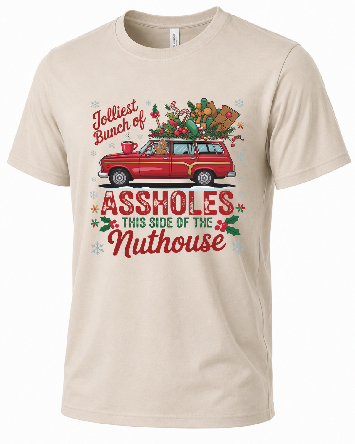 Sand Jolliest Bunch of Assholes Christmas shirt featuring red station wagon and festive holiday design.
