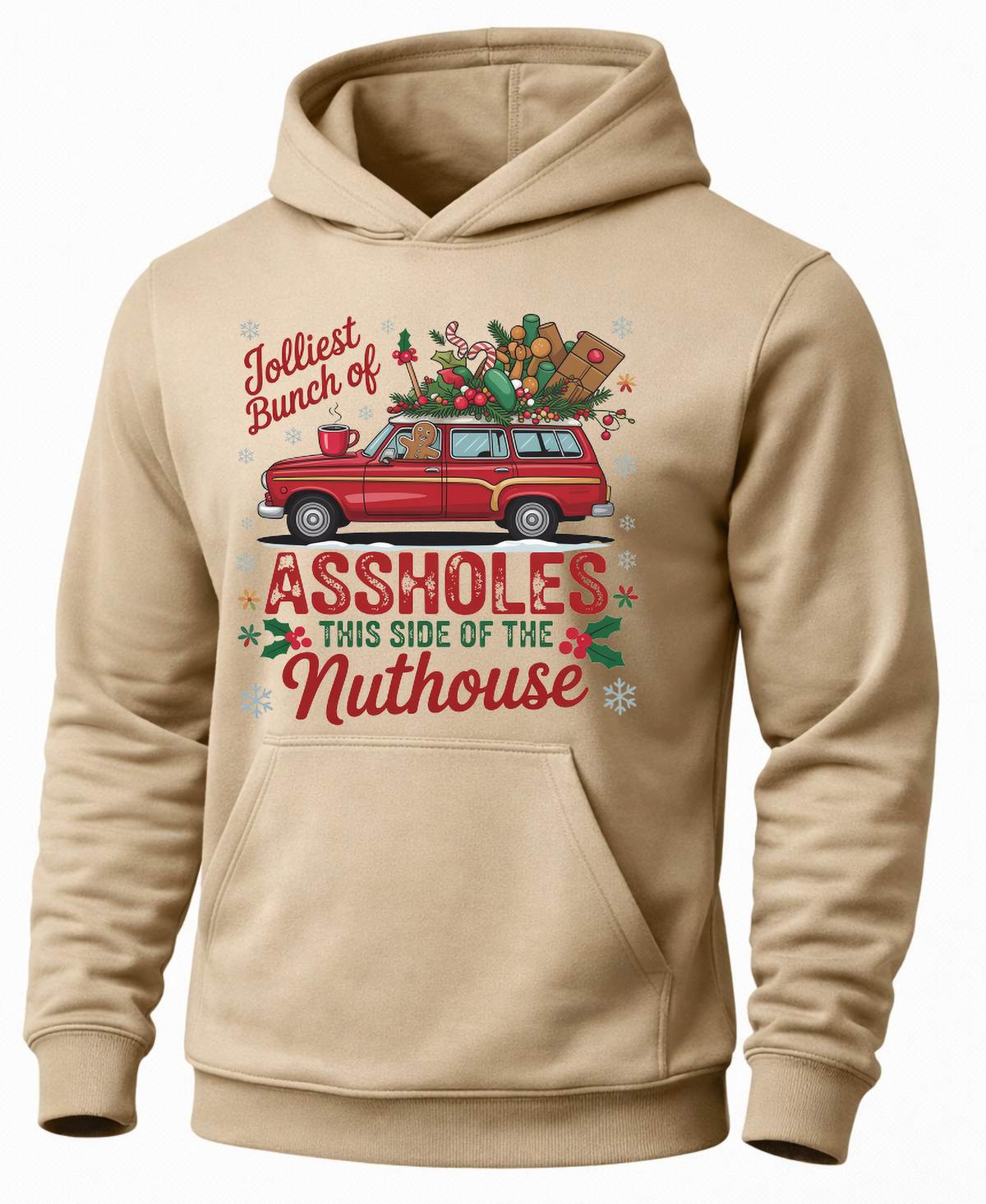 Sand Jolliest Bunch Christmas hoodie with retro holiday station wagon graphic