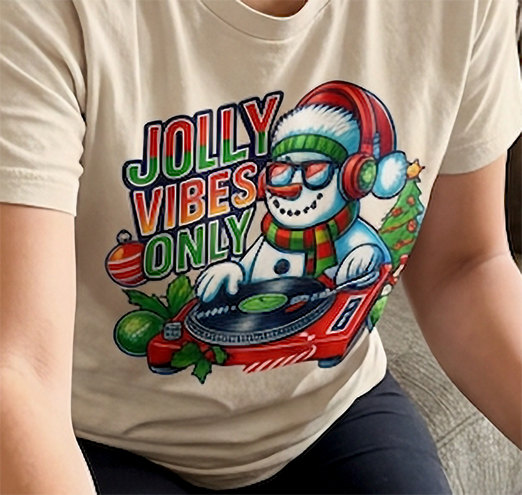 Sand Close-Up: Detailed view of colorful snowman DJ Christmas artwork printed on a sand-colored t-shirt.