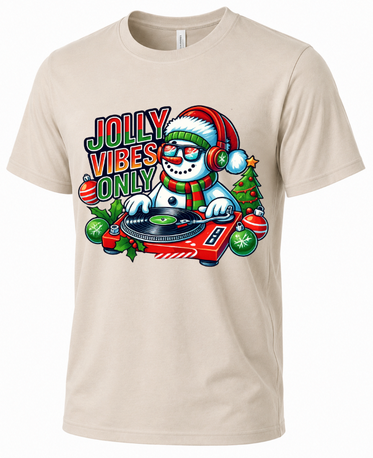 Sand Mockup: Sand-colored unisex Christmas t-shirt featuring the Jolly Vibes Only snowman DJ design.