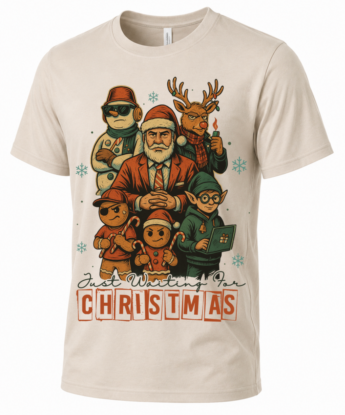 Close-up of sand funny Christmas shirt featuring colorful holiday character artwork.