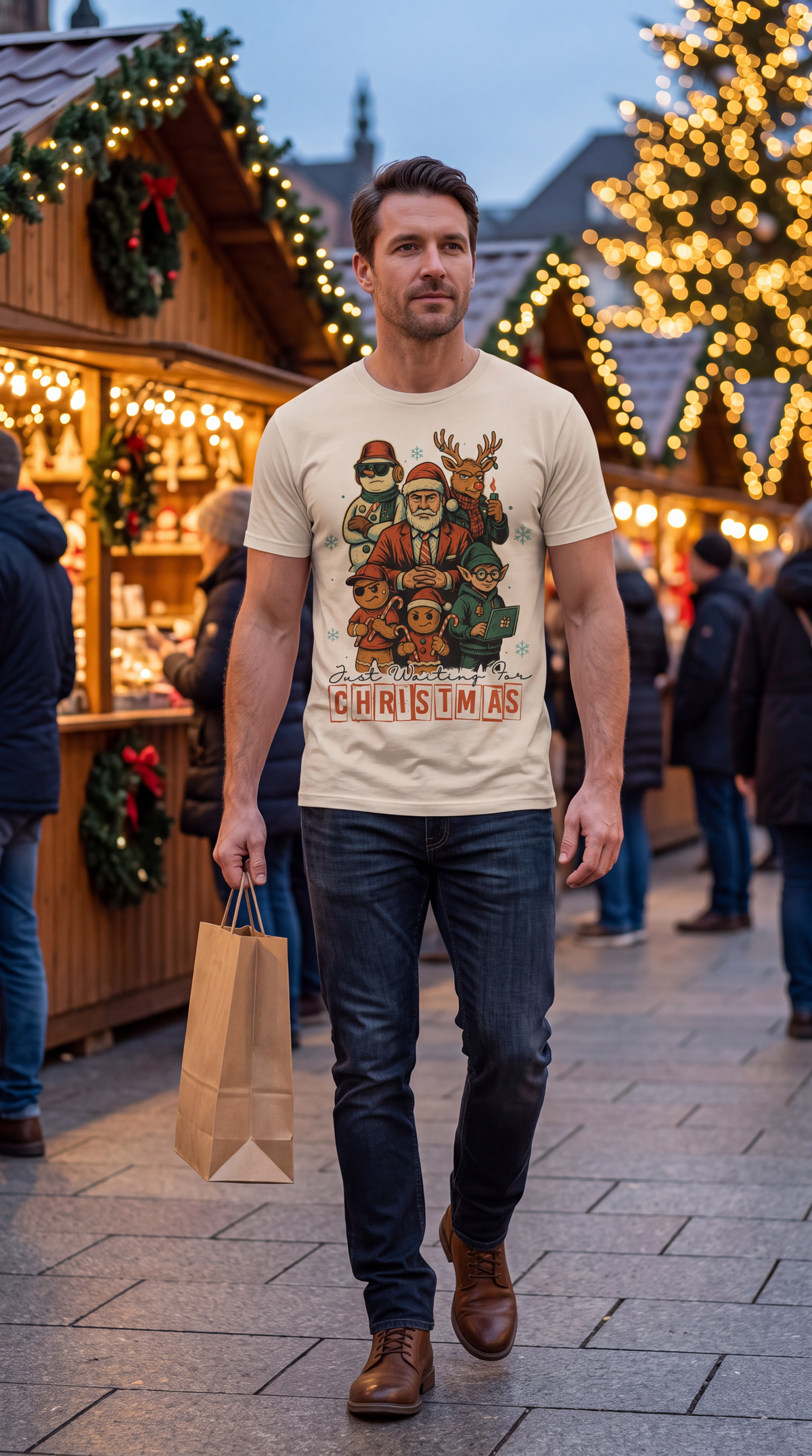 Woman wearing sand funny Christmas graphic tee featuring Santa, reindeer, elf, snowman and gingerbread holiday characters.