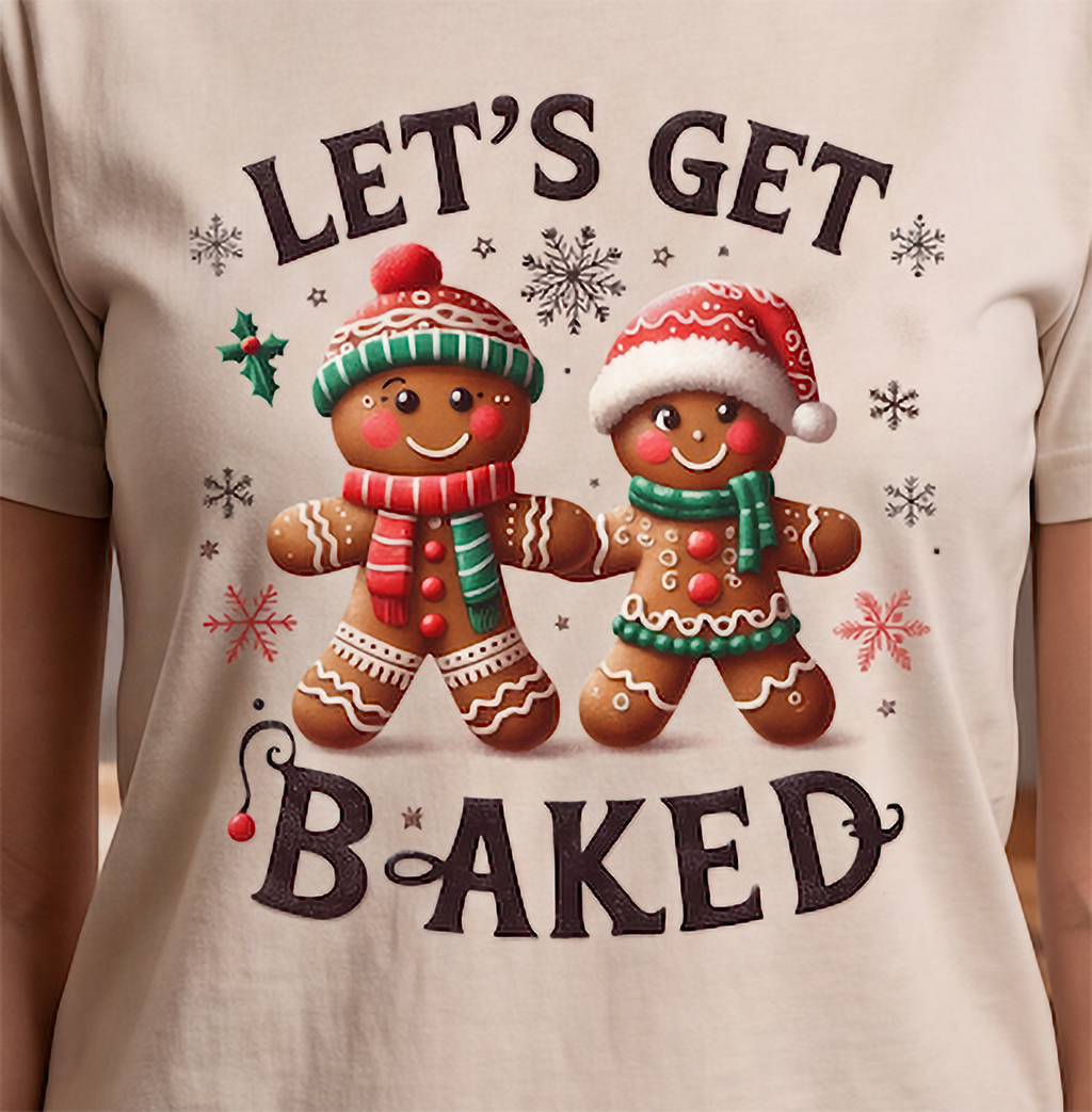 Close-up of Let’s Get Baked Christmas shirt design featuring a festive gingerbread couple with snowflakes and holly.