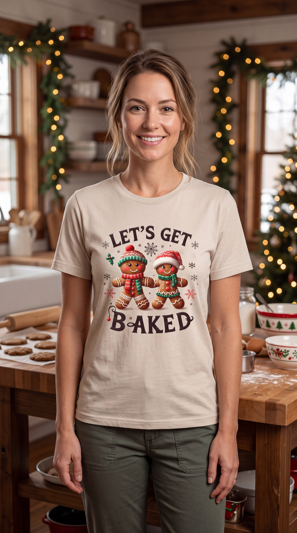 Woman wearing sand Let’s Get Baked Christmas shirt featuring a festive gingerbread couple in a holiday setting.