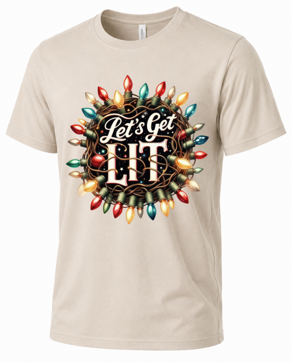 Sand Let’s Get Lit Christmas T-shirt featuring colorful tangled Christmas lights and holiday saying