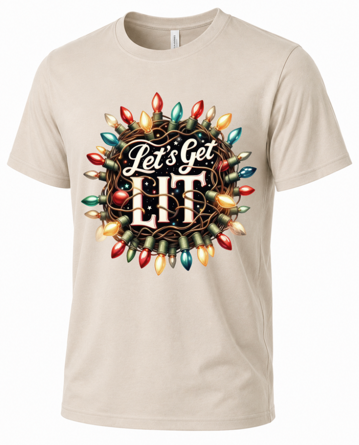 Sand Let’s Get Lit Christmas T-shirt featuring colorful tangled Christmas lights and holiday saying