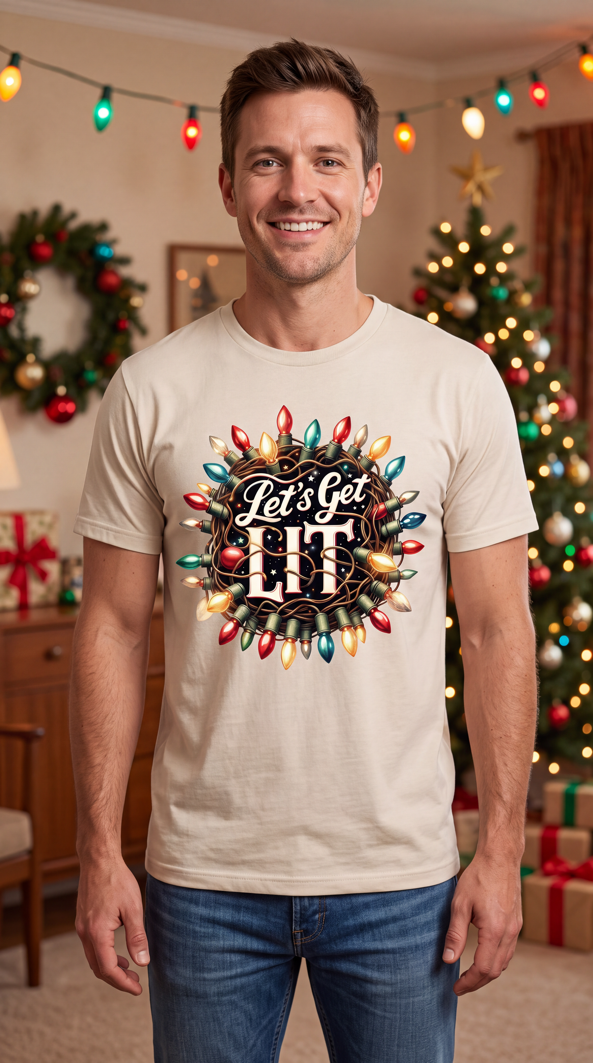 Woman wearing sand Let’s Get Lit Christmas graphic tee in a festive holiday setting