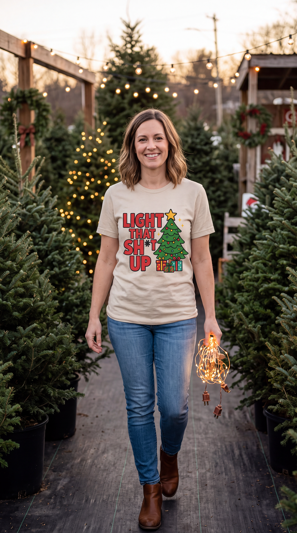 Woman wearing sand Light That Shit Up Christmas shirt outdoors during the holiday season.