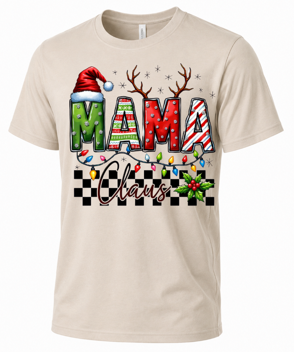 Sand Mama Claus Christmas graphic tee featuring festive lettering, Santa hat, antlers and holiday lights.