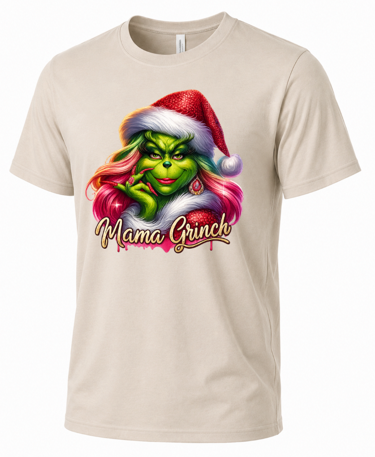 Sand-colored Mama Grinch Christmas graphic tee featuring sassy green character with pink hair and festive Santa hat.