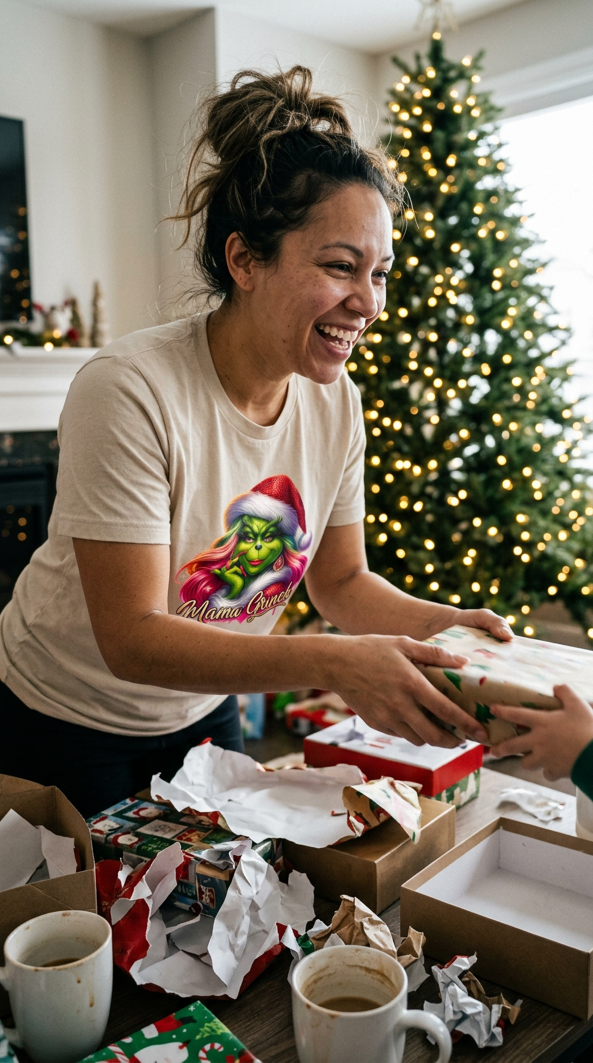 Woman wearing sand-colored Mama Grinch Christmas t-shirt while wrapping holiday gifts beside a Christmas tree.