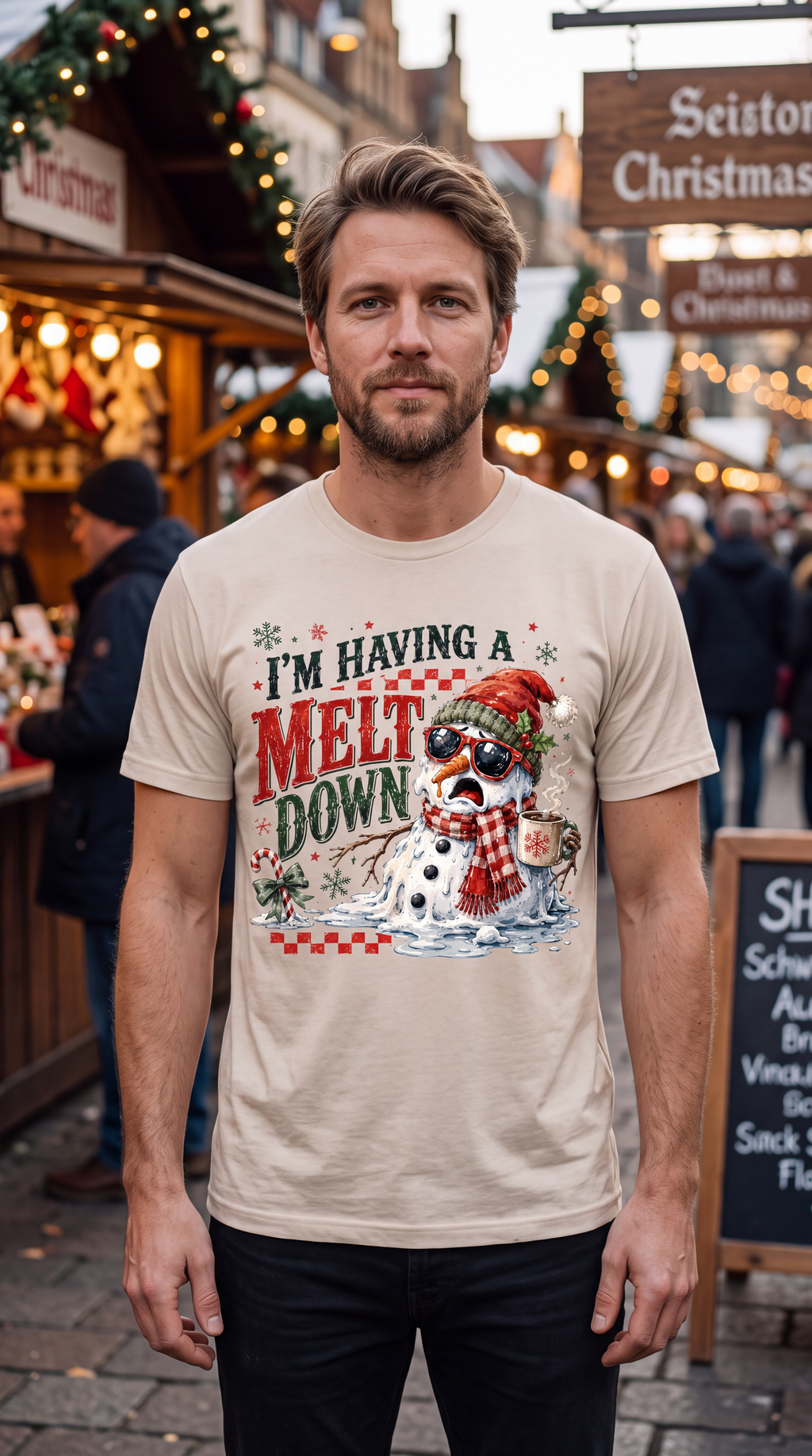 Man wearing sand I’m Having a Meltdown Christmas shirt outdoors during the Christmas season.