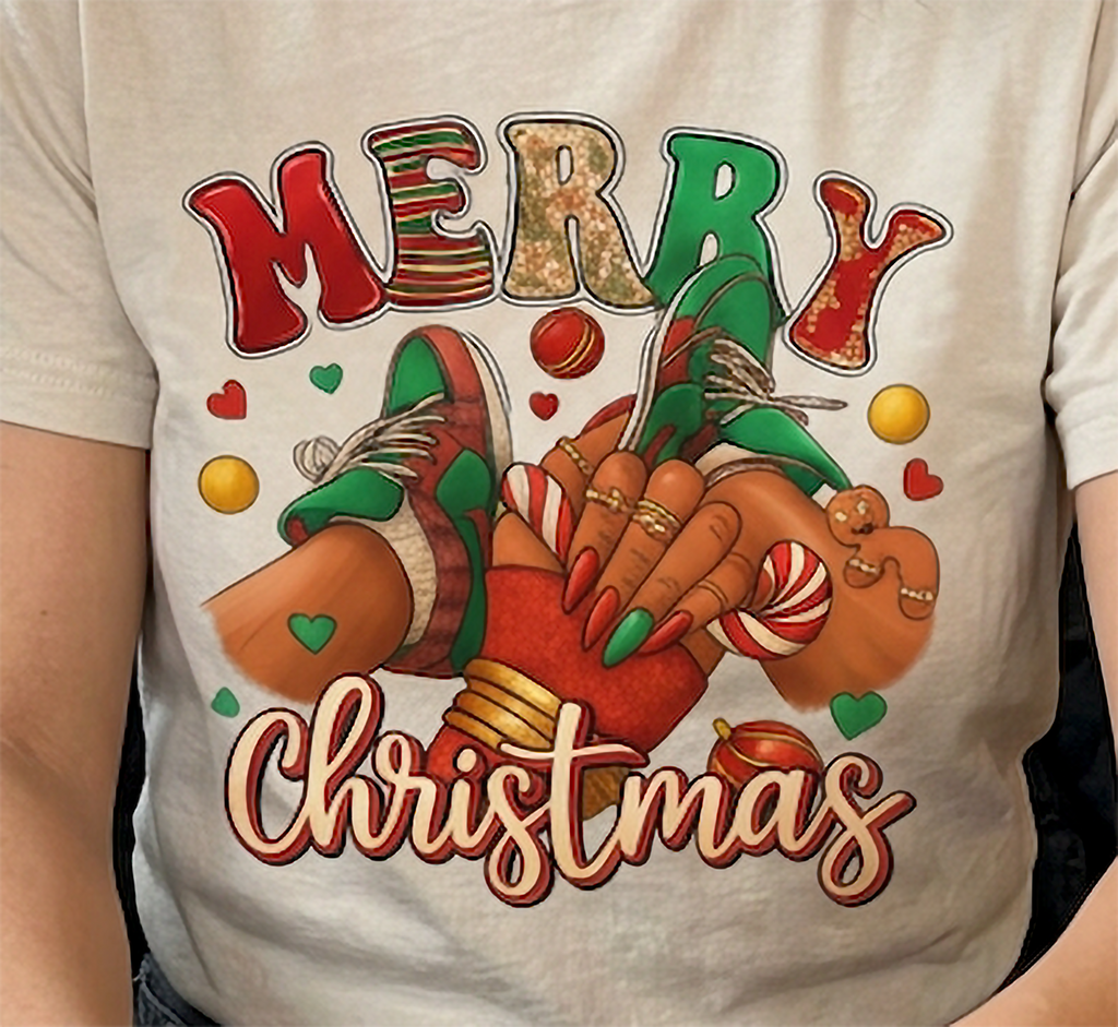 Sand Close-Up: Close-up of the Merry Christmas sneaker graphic on sand-colored fabric featuring festive shoes, holiday nails, and colorful lettering.
