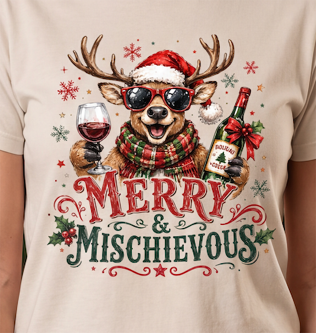 Close-up of sand Merry & Mischievous Christmas shirt with festive reindeer and wine artwork.