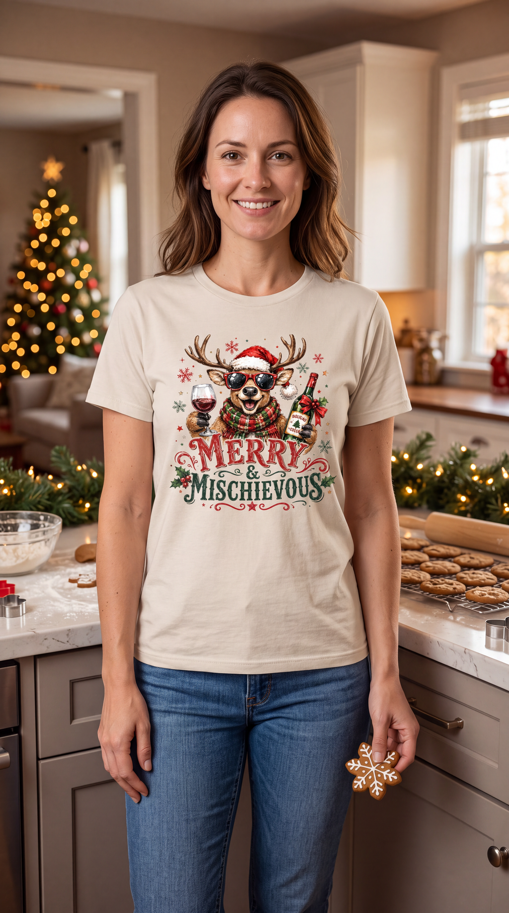Woman wearing sand Merry & Mischievous Christmas shirt with festive reindeer design.