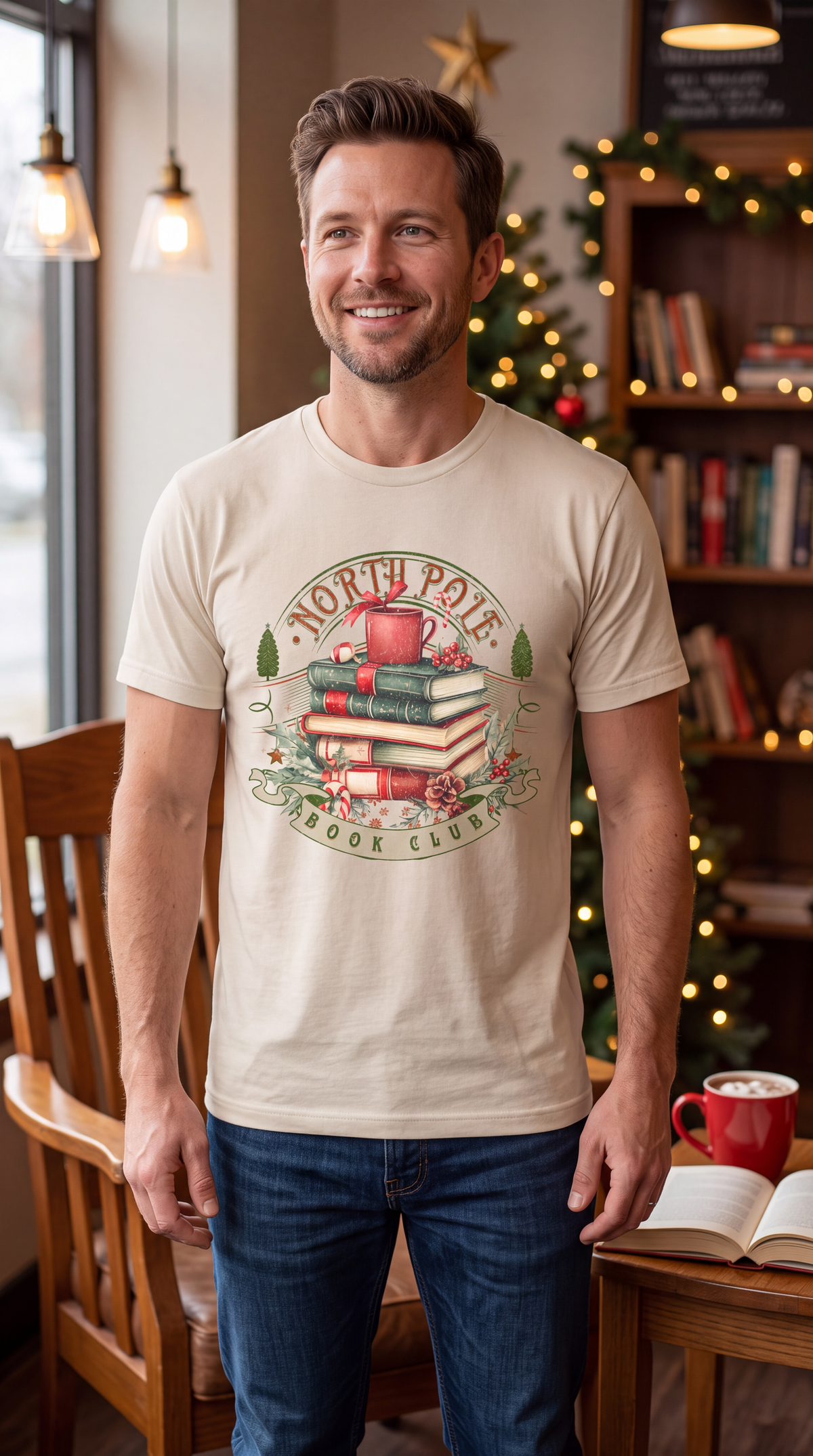 Woman wearing sand North Pole Book Club Christmas graphic tee featuring festive book lover artwork.