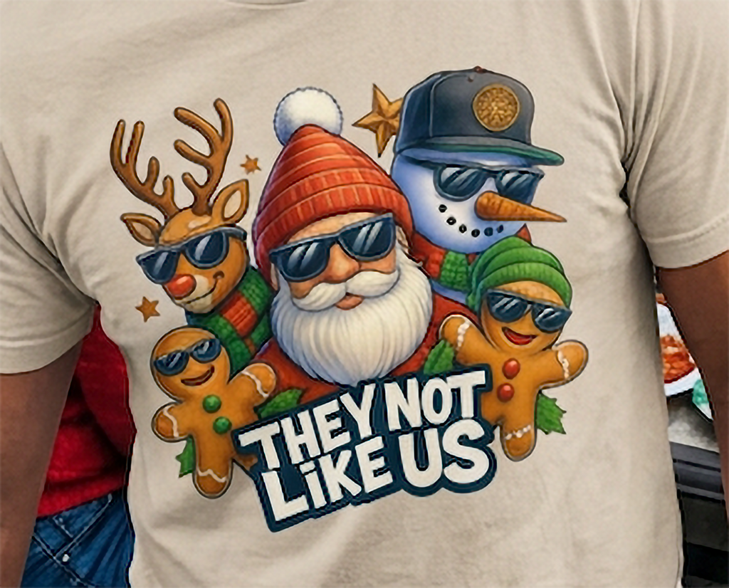Sand Close-Up: Close-up of colorful They Not Like Us holiday graphic on a sand-colored Christmas shirt featuring Santa and his festive crew.