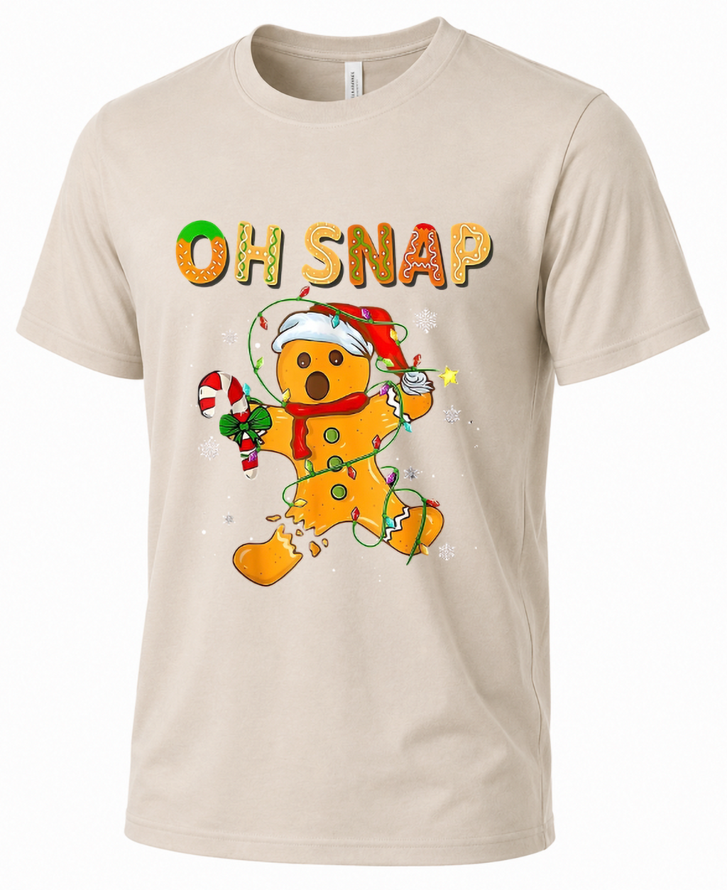 Sand Oh Snap gingerbread Christmas graphic T-shirt product mockup.