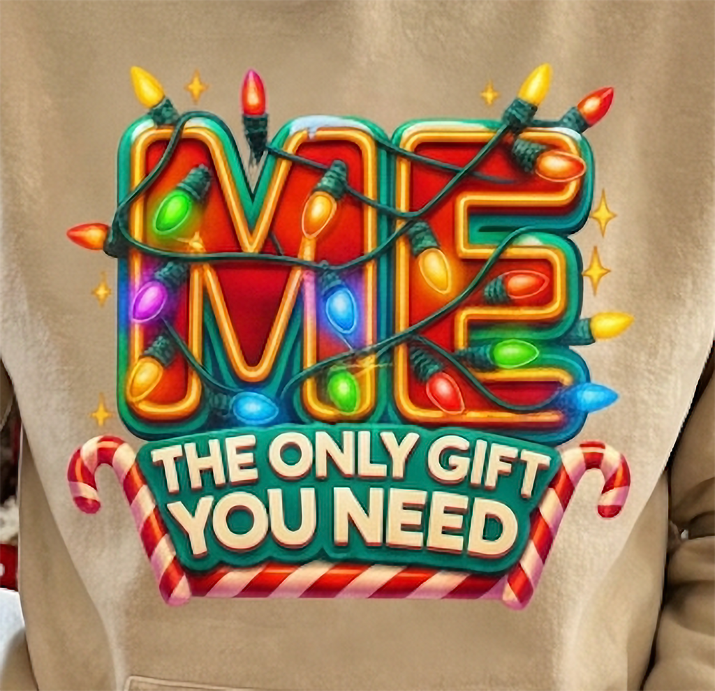 Close-up of Me The Only Gift You Need graphic on sand Christmas hoodie