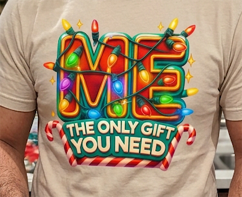 Sand Design Close-Up: Close-up of vibrant red, green, and orange Christmas lettering surrounded by colorful lights on a sand-colored shirt.