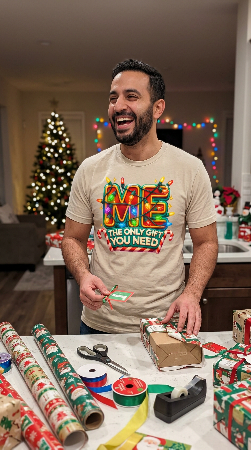 Lifestyle – Sand: Man wearing a sand-colored funny Christmas graphic t-shirt while celebrating with family during the holidays.