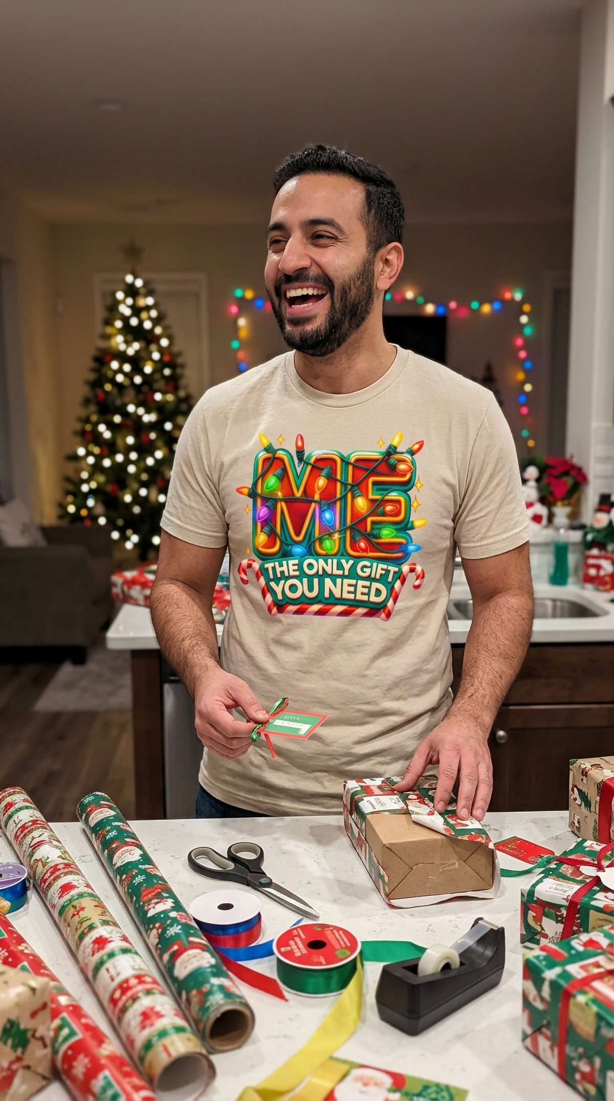 Lifestyle – Sand: Man wearing a sand-colored funny Christmas graphic t-shirt while celebrating with family during the holidays.