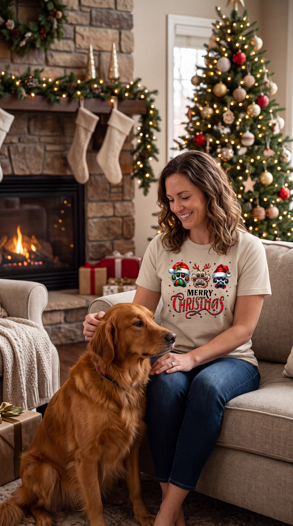 Woman wearing sand Merry Christmas dog paw print shirt while sitting beside her dog near a Christmas tree.