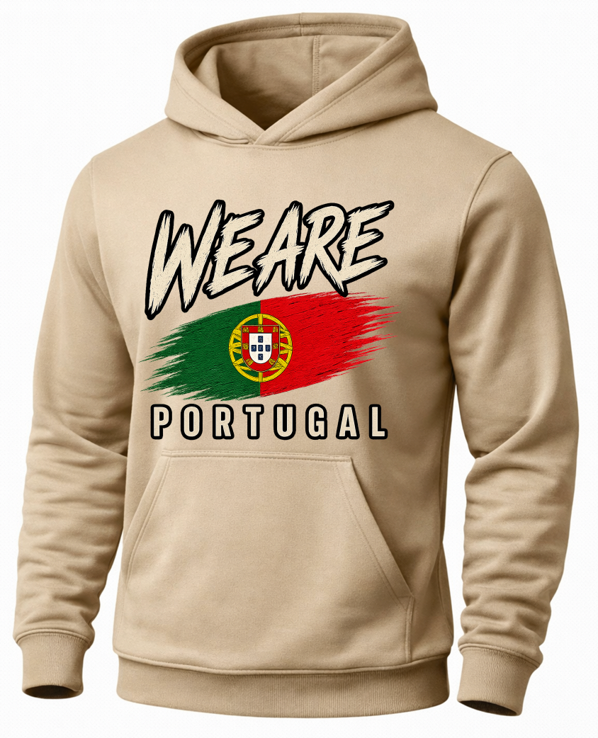 A beige pullover hoodie with a graphic on the chest featuring the text 'WE ARE PORTUGAL' and a stylized Portuguese flag.