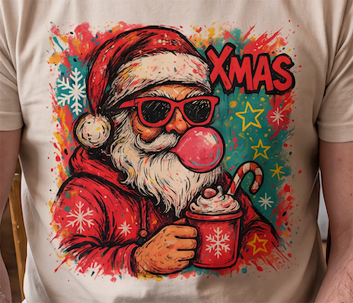 Close-up of colorful Retro Bubblegum Santa Christmas design on sand shirt.