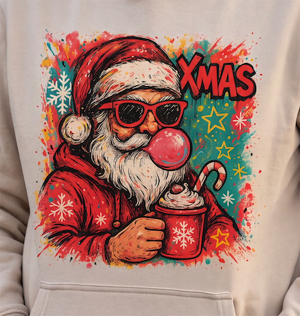 Close-up of sand Bubblegum Santa Christmas hoodie with retro Santa artwork