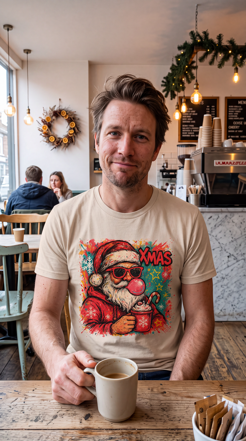 Man wearing sand Retro Bubblegum Santa Christmas graphic T-shirt.