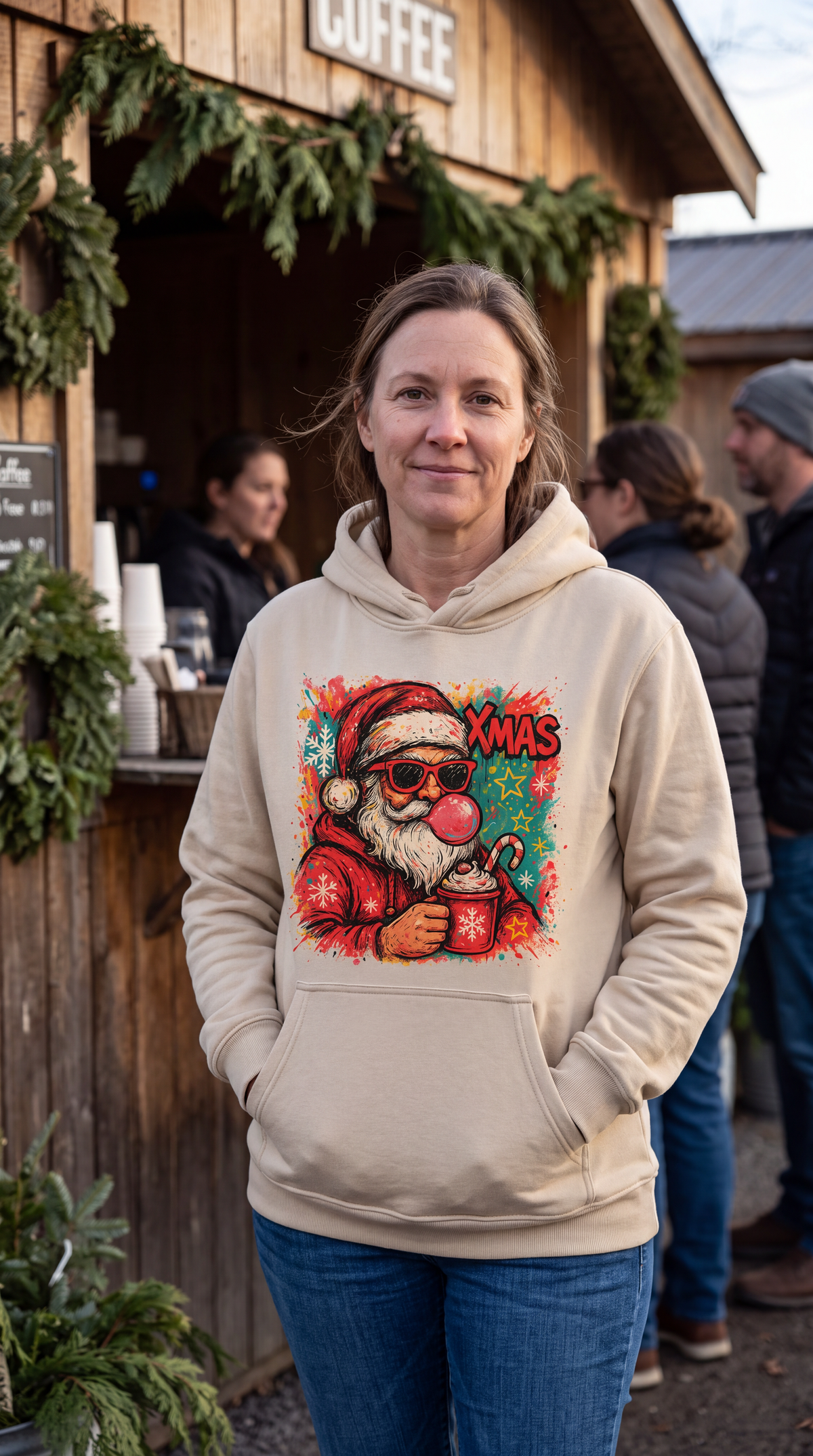 Woman wearing sand retro Santa Christmas hoodie with Bubblegum Santa design