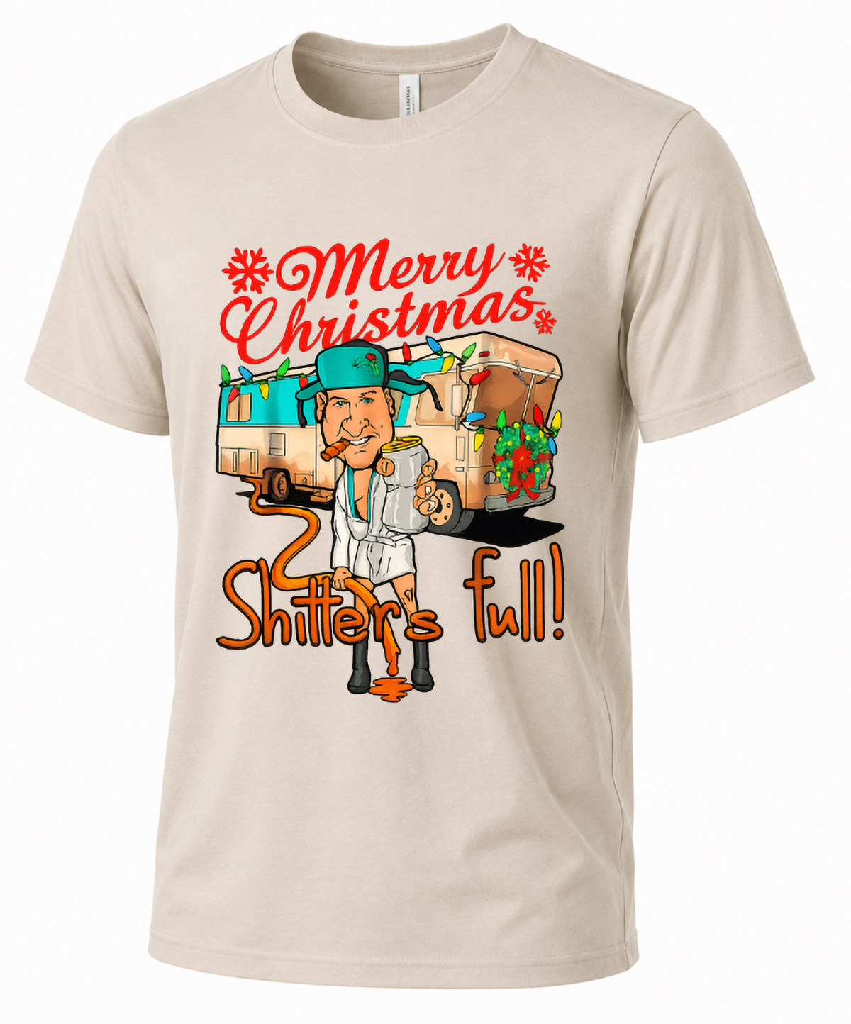 Lifestyle – Sand: Man wearing a sand-colored Christmas graphic t-shirt featuring a funny Shitter's Full camper design at an outdoor holiday event.