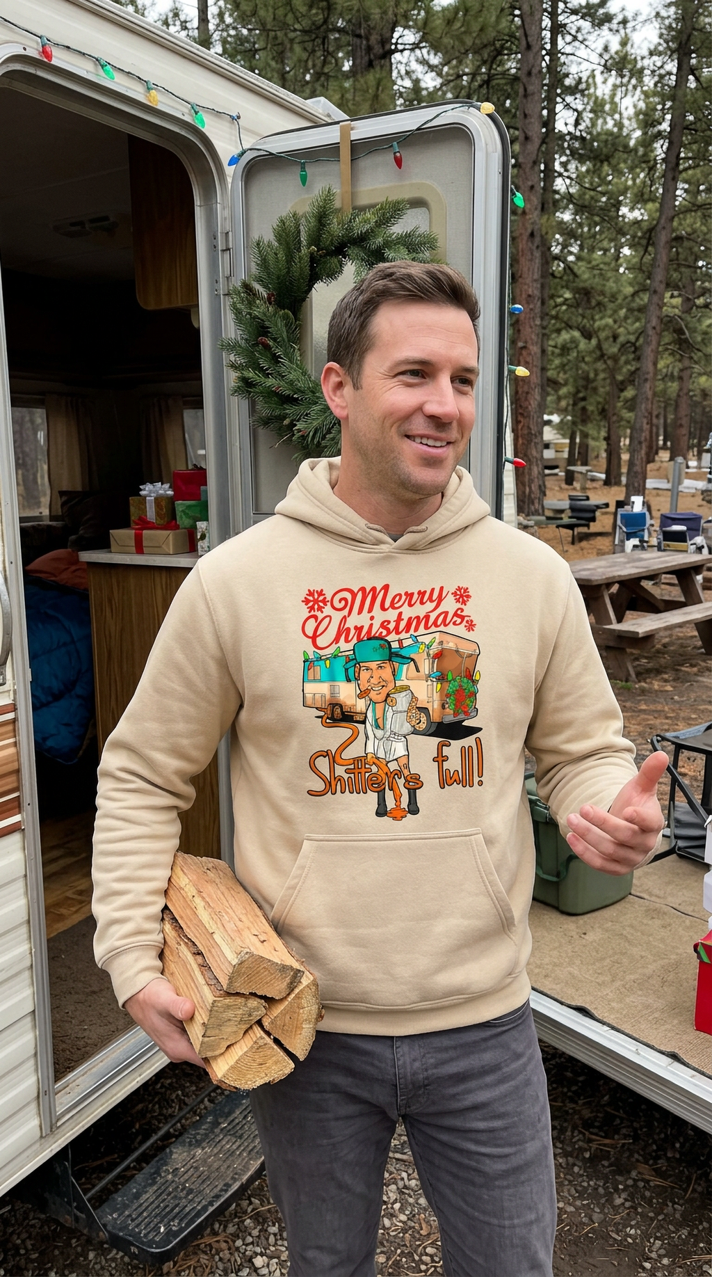 Man wearing sand Shitter’s Full Cousin Eddie hoodie for a funny Christmas outfit